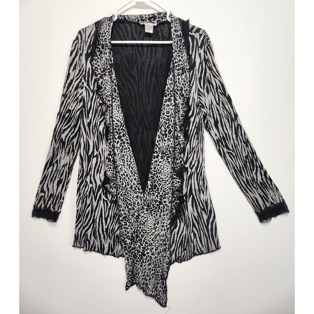 Alberto Makali Women's Animal Print Casual Chic Ruffle Cardigan Black/Grey Large